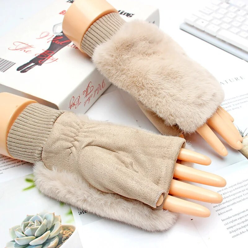 1 Pāris rudens ziemas silti puspirksta cimdi Sievietēm Mākslīgās truša kažokādas pūkaini cimdi bez pirkstiem elastīgi plaukstas locītavu sildītāji, adīti dūraiņi