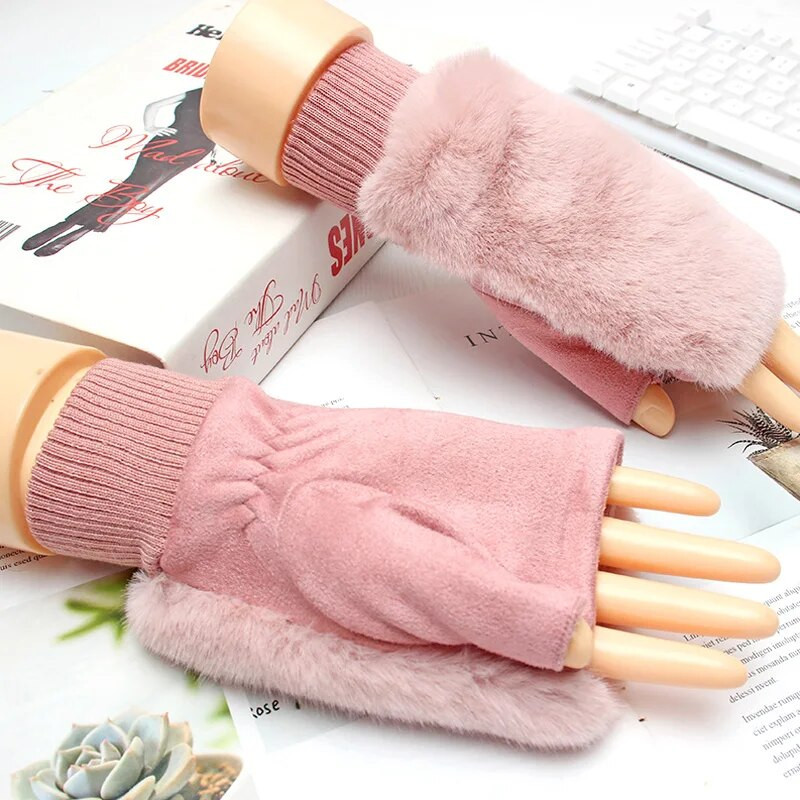 1 Pāris rudens ziemas silti puspirksta cimdi Sievietēm Mākslīgās truša kažokādas pūkaini cimdi bez pirkstiem elastīgi plaukstas locītavu sildītāji, adīti dūraiņi