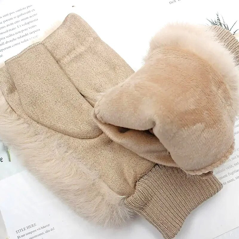 1 Pāris rudens ziemas silti puspirksta cimdi Sievietēm Mākslīgās truša kažokādas pūkaini cimdi bez pirkstiem elastīgi plaukstas locītavu sildītāji, adīti dūraiņi