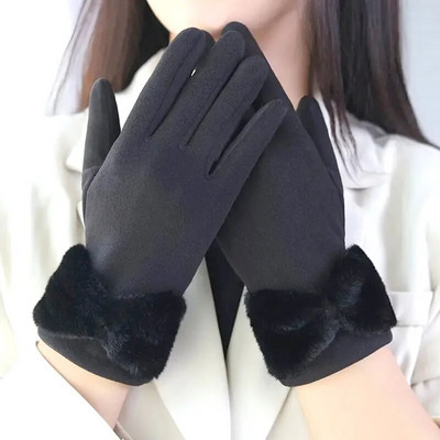 Ziemas silti cimdi sievietēm Thick Plus Velvet Stretch Touchscreen Bowknot Full Finger Cimdi āra vēja necaurlaidīgi termiski dūraiņi