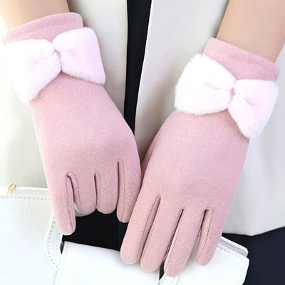 Ziemas silti cimdi sievietēm Thick Plus Velvet Stretch Touchscreen Bowknot Full Finger Cimdi āra vēja necaurlaidīgi termiski dūraiņi