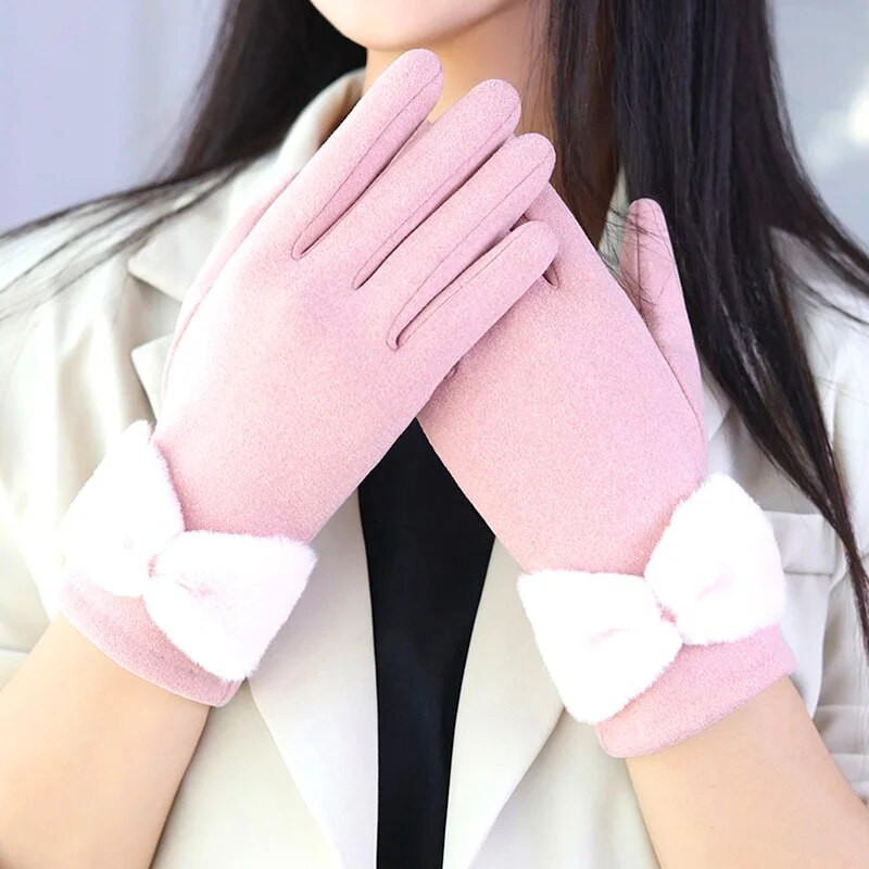 Ziemas silti cimdi sievietēm Thick Plus Velvet Stretch Touchscreen Bowknot Full Finger Cimdi āra vēja necaurlaidīgi termiski dūraiņi