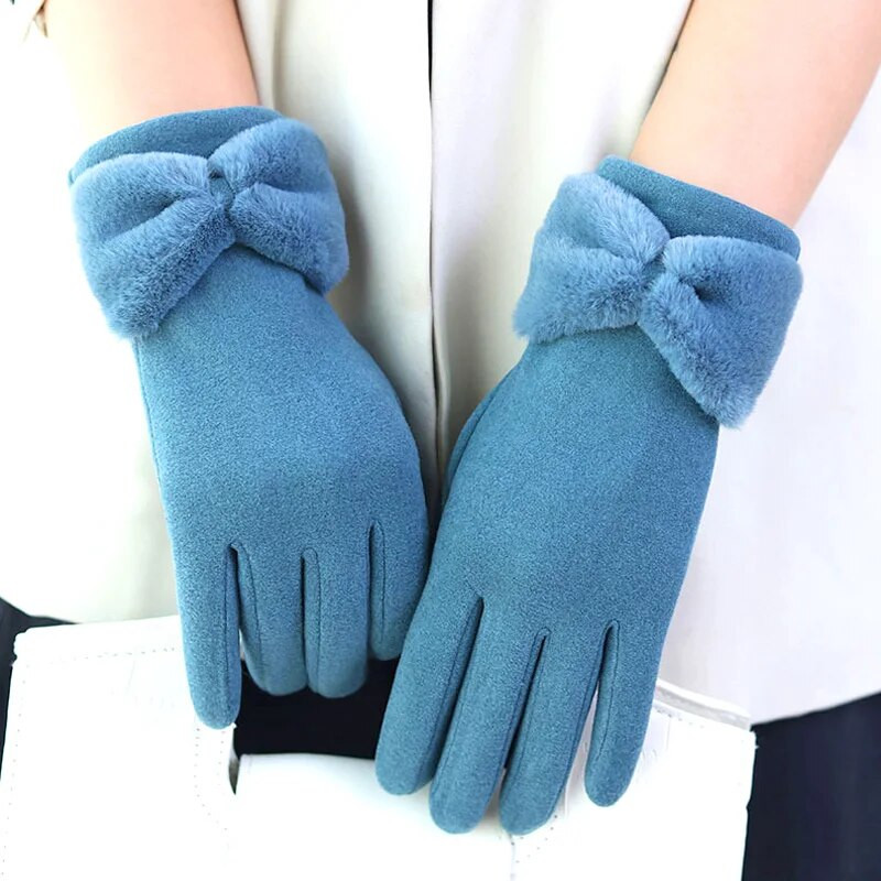 Ziemas silti cimdi sievietēm Thick Plus Velvet Stretch Touchscreen Bowknot Full Finger Cimdi āra vēja necaurlaidīgi termiski dūraiņi