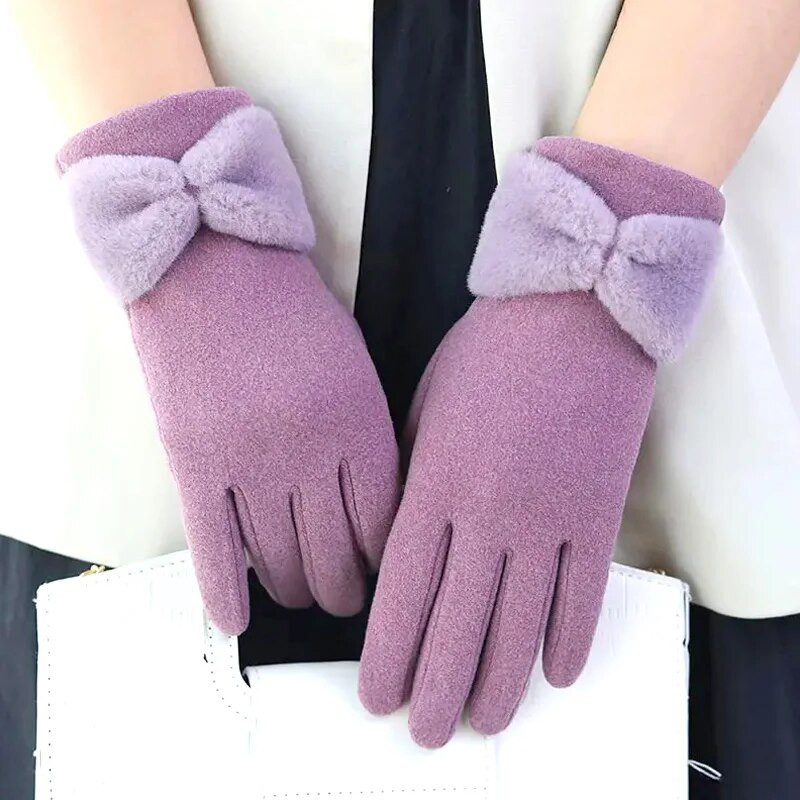 Ziemas silti cimdi sievietēm Thick Plus Velvet Stretch Touchscreen Bowknot Full Finger Cimdi āra vēja necaurlaidīgi termiski dūraiņi