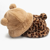 Aranyos őszi téli leopárdbundás vödörsapka medve fülgolyó plüss halászsapka puha meleg vastag mosdósapka napvédő vödörsapkák