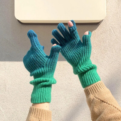 1 pāris Gradient Creative Exposed Finger Touch Screen trikotāžas dūraiņi sievietēm Vīriešiem ziemas āra riteņbraukšana, biezi silti cimdi