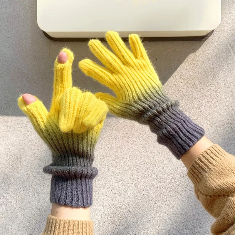 1 pāris Gradient Creative Exposed Finger Touch Screen trikotāžas dūraiņi sievietēm Vīriešiem ziemas āra riteņbraukšana, biezi silti cimdi