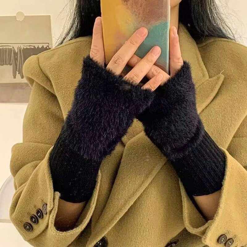 Plīša vilnas adīšanas puspirkstu cimdi sievietēm meitenēm ziemai mīksti, silti roku cimdi bez pirkstiem skārienekrāna dūraiņi Handschoenen