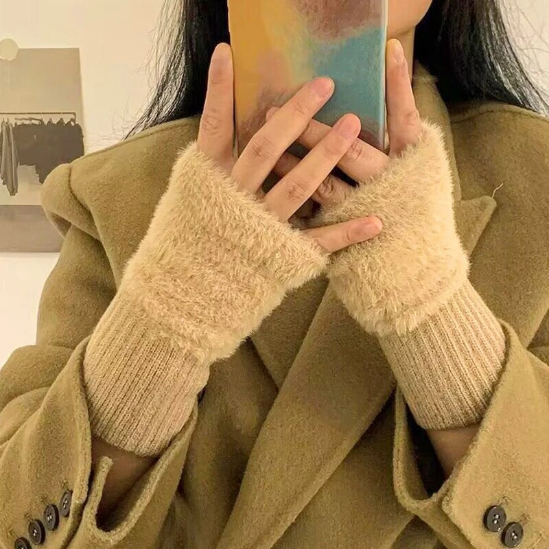 Plīša vilnas adīšanas puspirkstu cimdi sievietēm meitenēm ziemai mīksti, silti roku cimdi bez pirkstiem skārienekrāna dūraiņi Handschoenen
