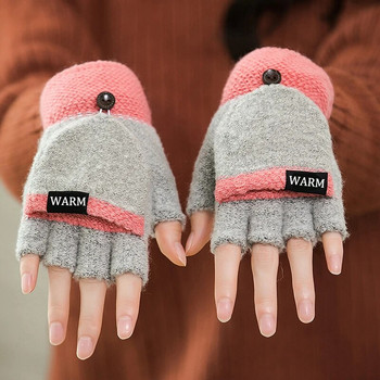 Дамски плетени флип ръкавици без пръсти Exposed harf пръсти ръкавици Зимни топли удебелени ръкавици Вълнени ръкавици за плетене със сензорен екран