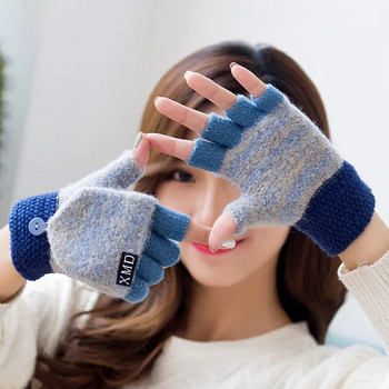 Дамски плетени флип ръкавици без пръсти Exposed harf пръсти ръкавици Зимни топли удебелени ръкавици Вълнени ръкавици за плетене със сензорен екран