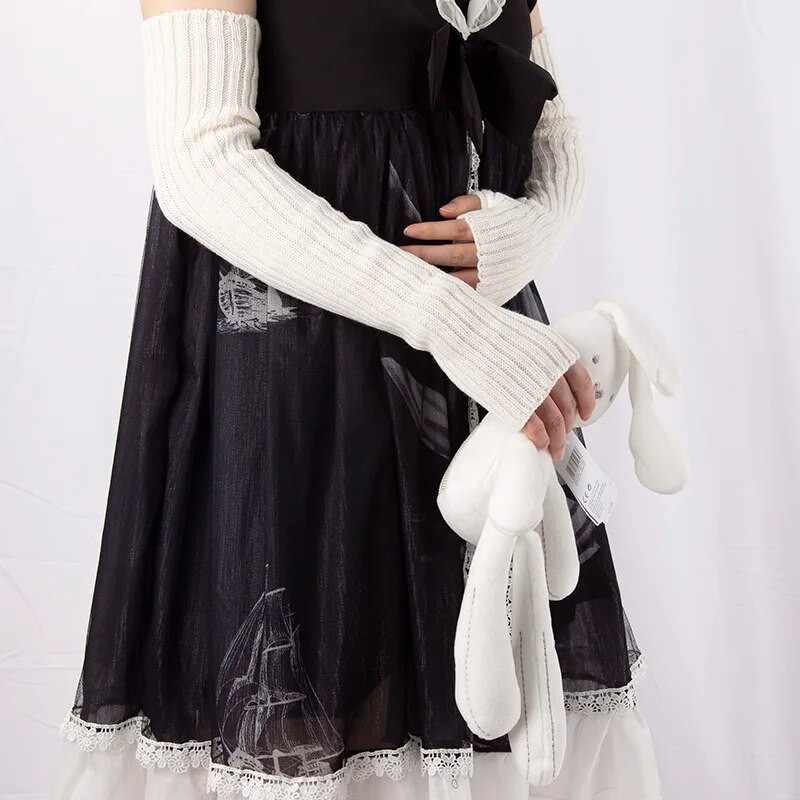 Γυναικεία πλεκτά θερμαντικά βραχίονα Μακριά γάντια χωρίς δάχτυλα Χειμερινά γοτθικά μανίκια Lolita για κορίτσια μασίφ γάντι Y2k μαύρο κλασικό μαλακό γάντι