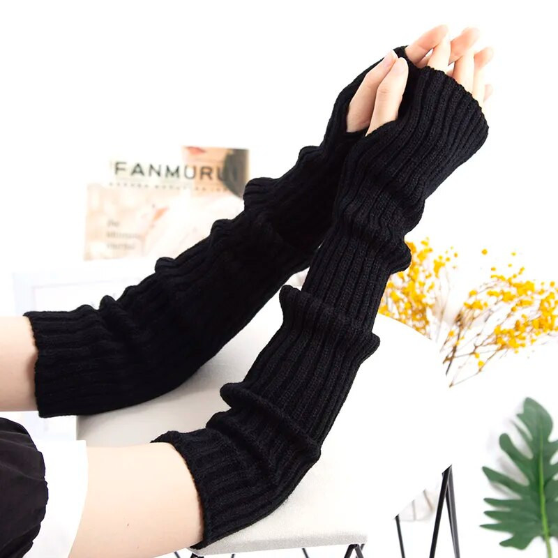 Γυναικεία πλεκτά θερμαντικά βραχίονα Μακριά γάντια χωρίς δάχτυλα Χειμερινά γοτθικά μανίκια Lolita για κορίτσια μασίφ γάντι Y2k μαύρο κλασικό μαλακό γάντι