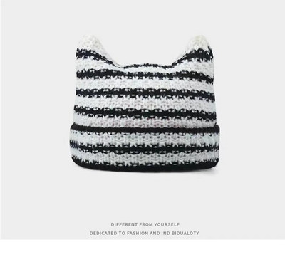 Japanski y2k Little Devil prugaste kape Ženske Ins Slatke mačje uši Pletena vunena kapa Djevojka Zimski pulover na špic Kape za Noć vještica