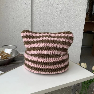 Japanski y2k Little Devil prugaste kape Ženske Ins Slatke mačje uši Pletena vunena kapa Djevojka Zimski pulover na špic Kape za Noć vještica