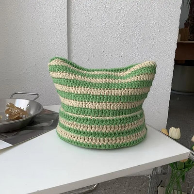 Japanski y2k Little Devil prugaste kape Ženske Ins Slatke mačje uši Pletena vunena kapa Djevojka Zimski pulover na špic Kape za Noć vještica