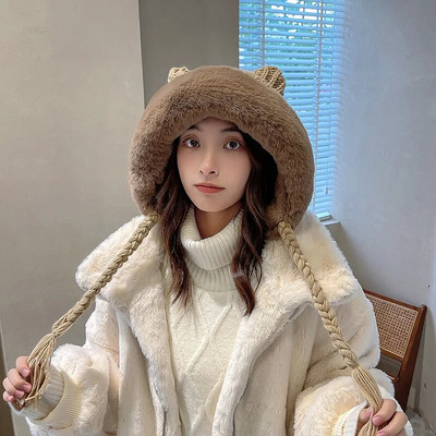 Nova ženska zimska topla slatka kapa s kapom s mačjim ušima Lady Kawaii pletena heklana kapa s kapom s pletenicom za žene