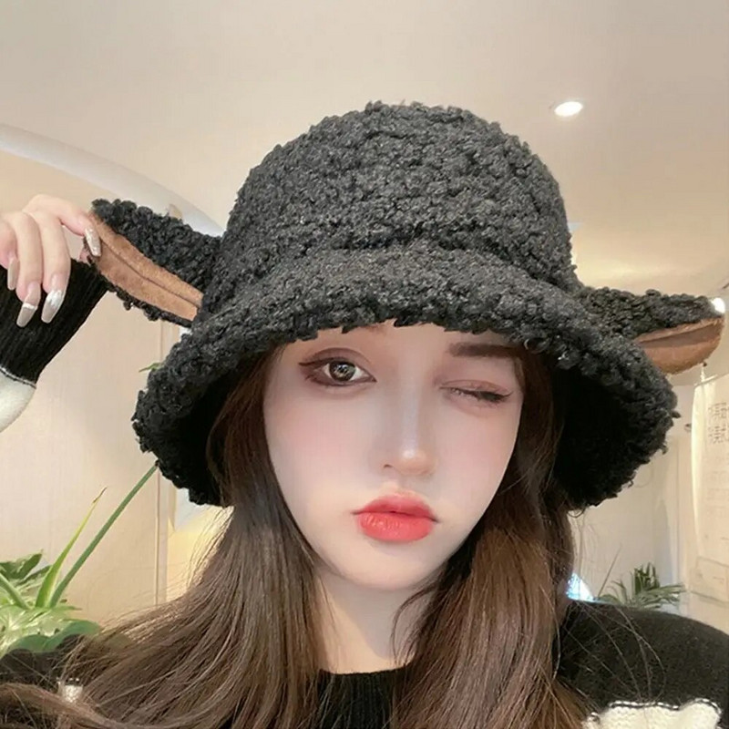 Jēra mākslīgās kažokādas kausa cepure Jauki aitas ausis ziemas siltie cepures sievietēm Lady Thicken Bob Panama āra zvejnieka cepures cepures meitenes
