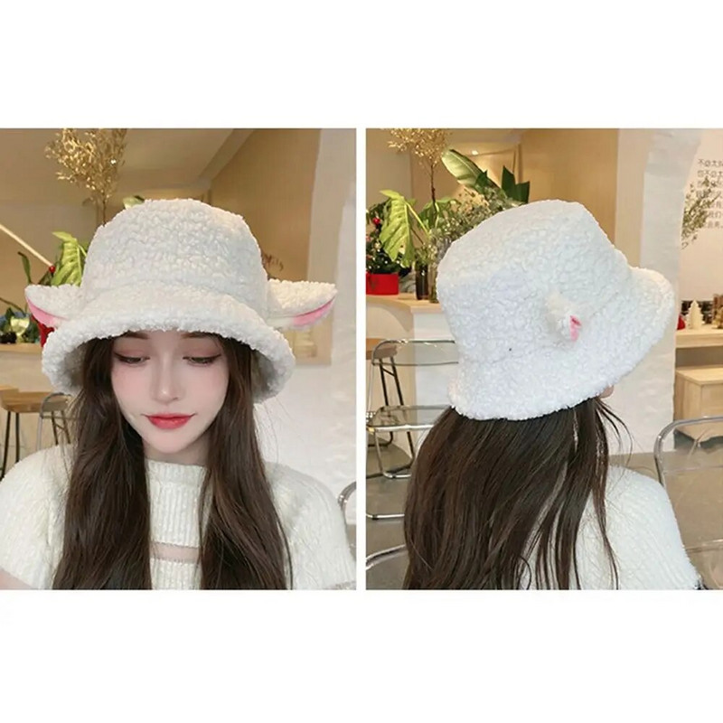 Jēra mākslīgās kažokādas kausa cepure Jauki aitas ausis ziemas siltie cepures sievietēm Lady Thicken Bob Panama āra zvejnieka cepures cepures meitenes