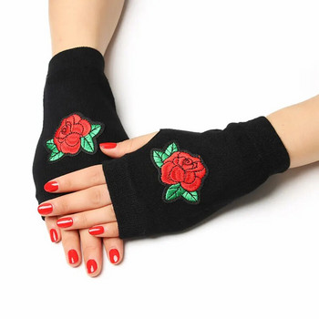 Прекрасни дамски ръкавици без пръсти с щампа на роза и кристали Дамски мъжки плетени черни вълнени половин пръст Компютърни ръкавици Топли ръкавици