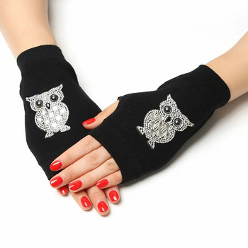 Прекрасни дамски ръкавици без пръсти с щампа на роза и кристали Дамски мъжки плетени черни вълнени половин пръст Компютърни ръкавици Топли ръкавици