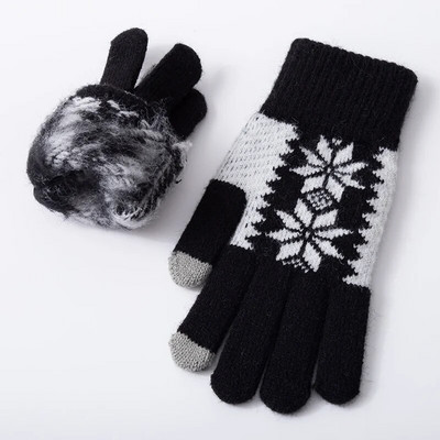 Žiemos moteriškos siuvinėtos snaigėmis megztos pirštinės šaltu oru rankų šildytuvai Minkštos šiluminės moteriškos megztos kumštinės pirštinės jutiklinio ekrano pirštinės