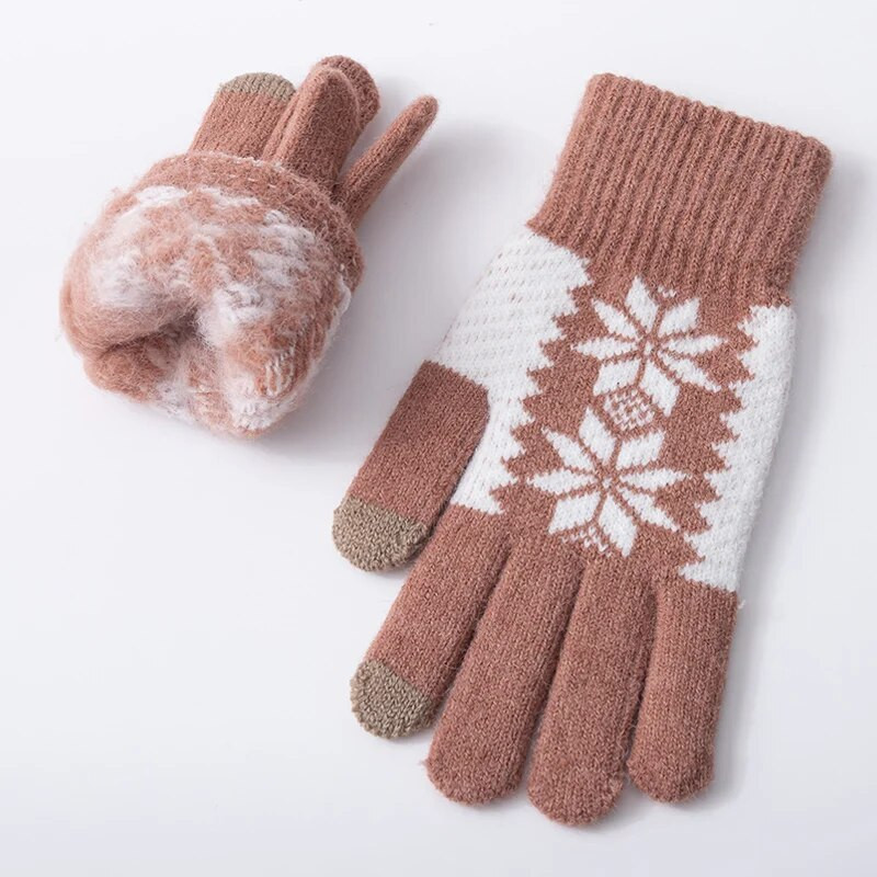 Žiemos moteriškos siuvinėtos snaigėmis megztos pirštinės šaltu oru rankų šildytuvai Minkštos šiluminės moteriškos megztos kumštinės pirštinės jutiklinio ekrano pirštinės
