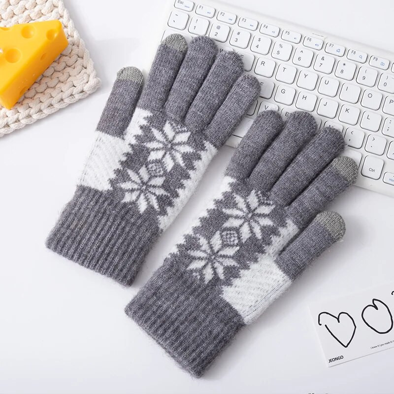 Žiemos moteriškos siuvinėtos snaigėmis megztos pirštinės šaltu oru rankų šildytuvai Minkštos šiluminės moteriškos megztos kumštinės pirštinės jutiklinio ekrano pirštinės
