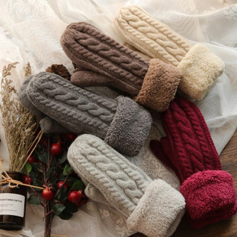 Modes Sieviešu Twist Ziedi Vilnas trikotāžas dūraiņi Unisex Double Thicken Plus Velvet Pilns pirksts Kašmira siltie dūraiņi L45