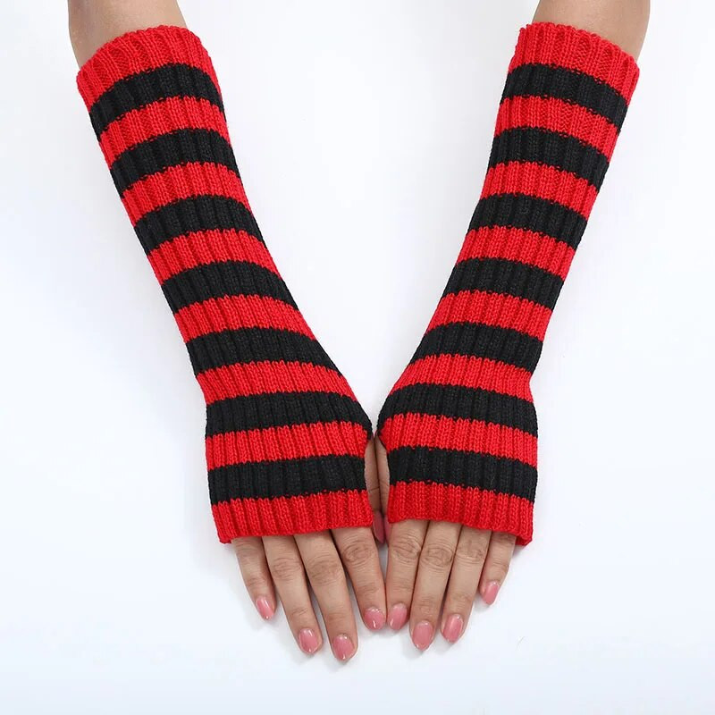 Ziemassvētku garie cimdi melni svītraini vilnas trikotāžas silti piedurkņu pārvalki sieviešu ziemas āra riteņbraukšanas elastīgiem dūraiņiem bez pirkstiem