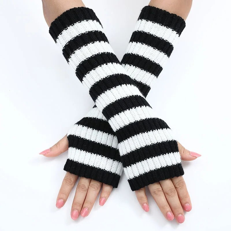 Ziemassvētku garie cimdi melni svītraini vilnas trikotāžas silti piedurkņu pārvalki sieviešu ziemas āra riteņbraukšanas elastīgiem dūraiņiem bez pirkstiem