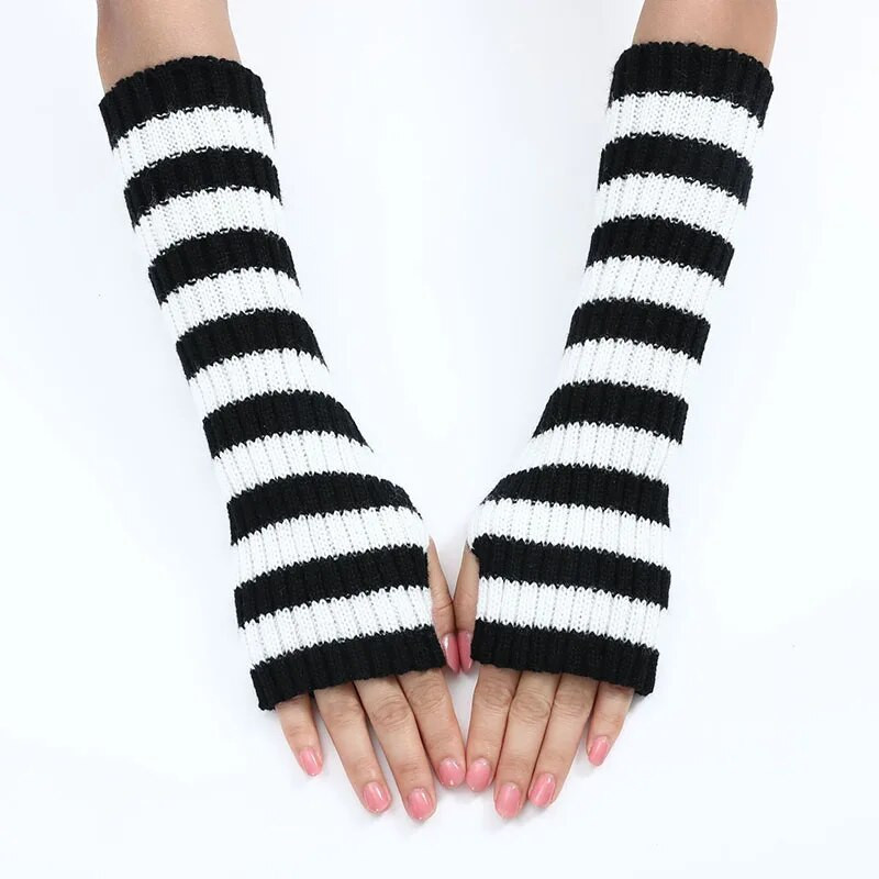 Ziemassvētku garie cimdi melni svītraini vilnas trikotāžas silti piedurkņu pārvalki sieviešu ziemas āra riteņbraukšanas elastīgiem dūraiņiem bez pirkstiem