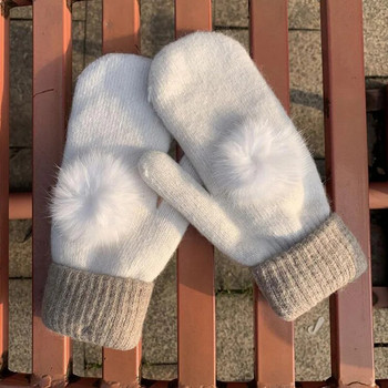 Дамски зимни топли дебели вълнени плетени ръкавици Сладка топка коса Еластична кадифена заешка кожа Ветроустойчиви спортни ръкавици за колоездене D74