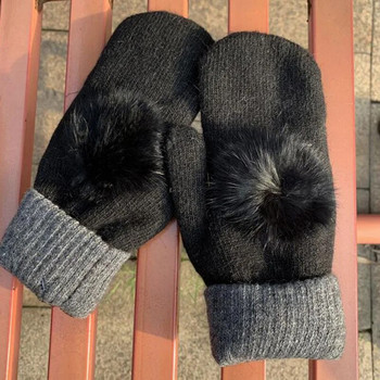 Дамски зимни топли дебели вълнени плетени ръкавици Сладка топка коса Еластична кадифена заешка кожа Ветроустойчиви спортни ръкавици за колоездене D74