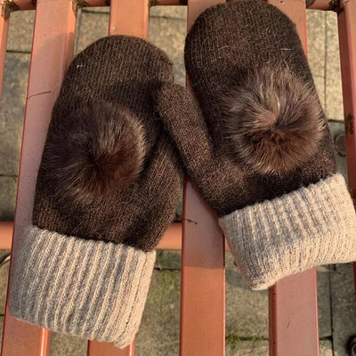 Sieviešu ziemas silti, biezi vilnas trikotāžas dūraiņi Cute Hairball elastīga samta zaķa kažokāda vēja necaurlaidīga sporta riteņbraukšana braukšanas cimds D74