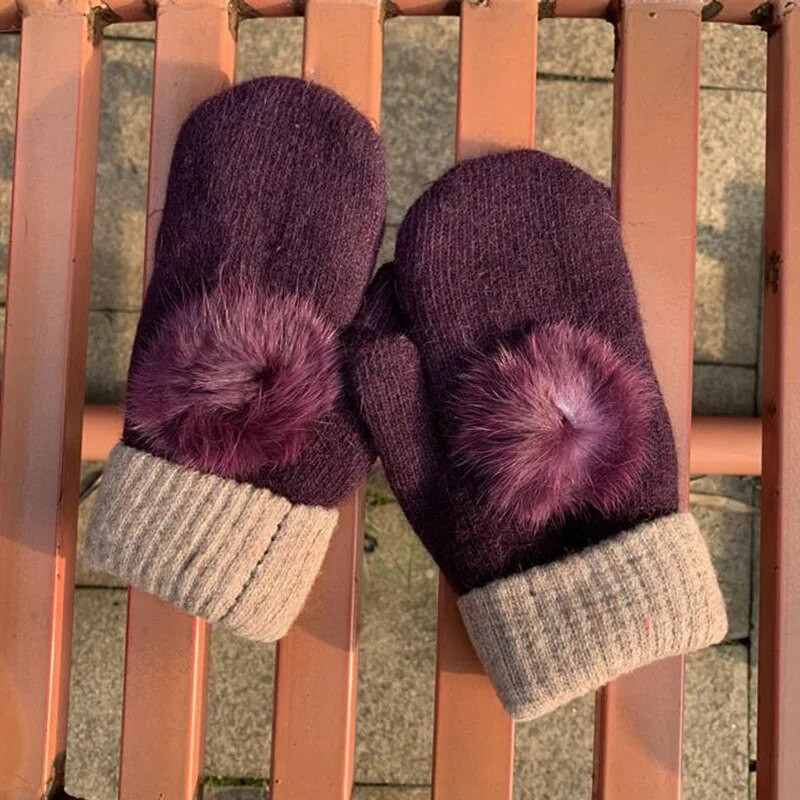 Sieviešu ziemas silti, biezi vilnas trikotāžas dūraiņi Cute Hairball elastīga samta zaķa kažokāda vēja necaurlaidīga sporta riteņbraukšana braukšanas cimds D74