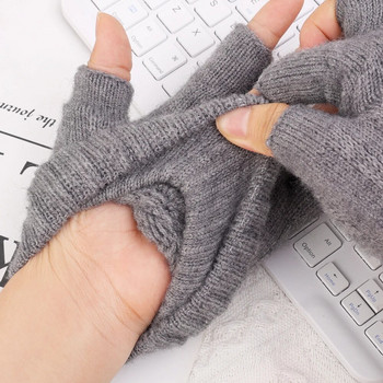 Дебели вълнени зимни ръкавици без пръсти за мъже Писащи с половин пръст офис плетени топли етикети Дебели еластични ръкавици за шофиране на открито