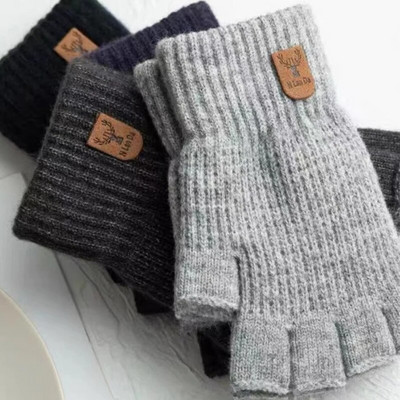Thick Wool Winter Fingerless Gloves for Men Half Finger Writting Office Knitted Warm Label Thick Elastic Outdoor Driving Gloves
