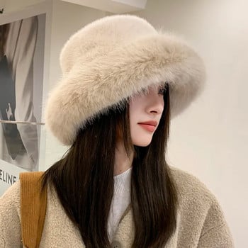 Καπέλο 2023 Big Faux Fur Fluffy Bucket Καπέλο για γυναίκες Πολυτελές βελούδινο χειμερινό καπέλο Thicken Snow Υπερμεγέθη Γούνινο καπέλο κουβά Μαλακό μεγάλο καπέλο Panama