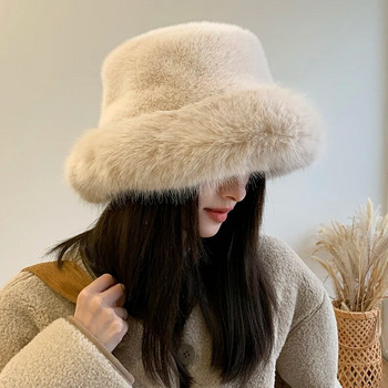 Καπέλο 2023 Big Faux Fur Fluffy Bucket Καπέλο για γυναίκες Πολυτελές βελούδινο χειμερινό καπέλο Thicken Snow Υπερμεγέθη Γούνινο καπέλο κουβά Μαλακό μεγάλο καπέλο Panama