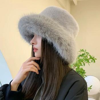 Καπέλο 2023 Big Faux Fur Fluffy Bucket Καπέλο για γυναίκες Πολυτελές βελούδινο χειμερινό καπέλο Thicken Snow Υπερμεγέθη Γούνινο καπέλο κουβά Μαλακό μεγάλο καπέλο Panama