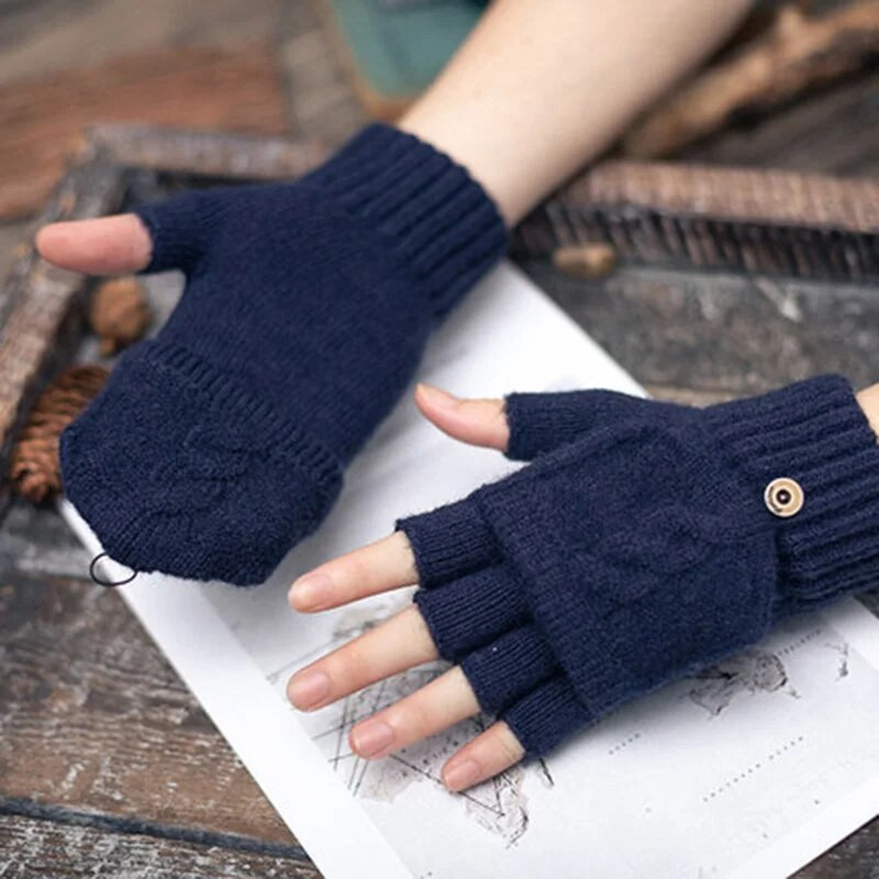 Trikotāžas cimdi sieviešu puspirksts pārvelkami cimdi dāmu ziemas āra plus samta silti vienkrāsaini studentu ziemas cimdi E49