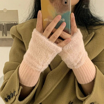 Дамски вълнени плетени ръкавици с половин пръст за спорт Зима Колоездене на открито Удебелени плюшени ръкавици със сензорен екран без пръсти
