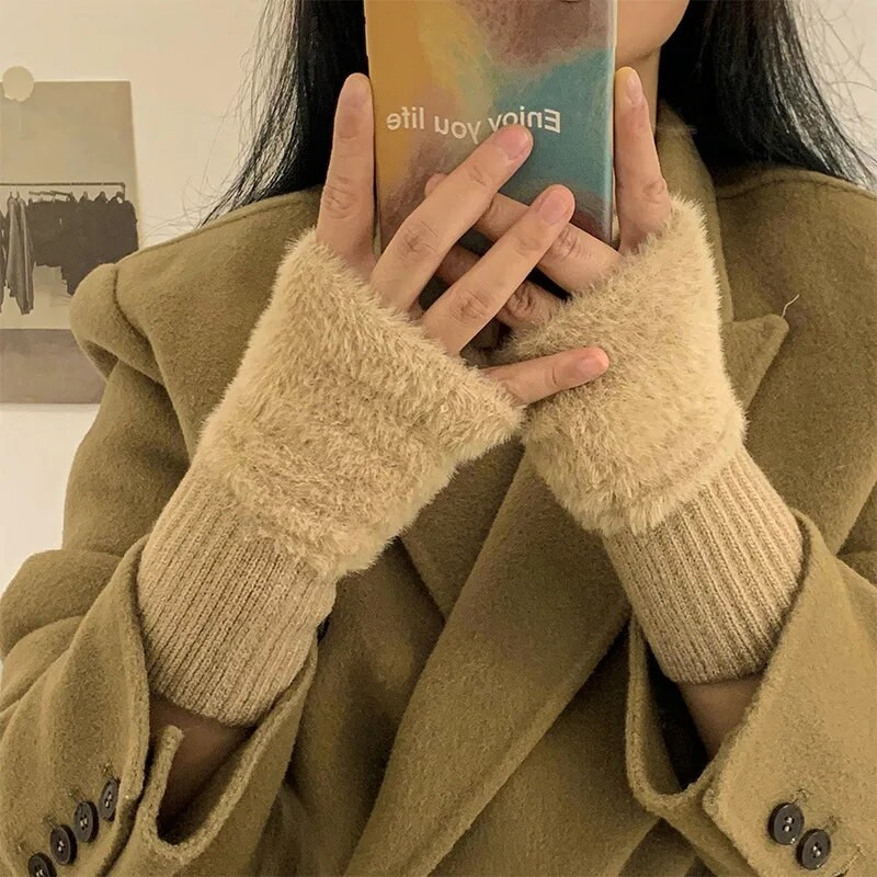 Sieviešu puspirkstu vilnas trikotāžas cimdi sportamZiemas āra riteņbraukšanai Biezi plīša bezpirkstiem skārienekrāna braukšanas dūraiņi