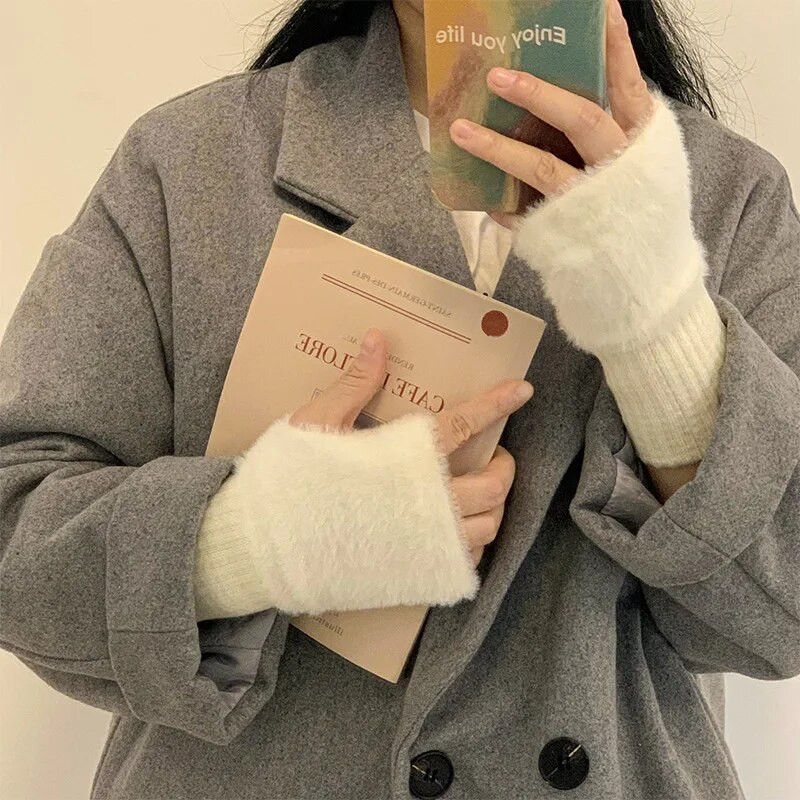 Sieviešu puspirkstu vilnas trikotāžas cimdi sportamZiemas āra riteņbraukšanai Biezi plīša bezpirkstiem skārienekrāna braukšanas dūraiņi