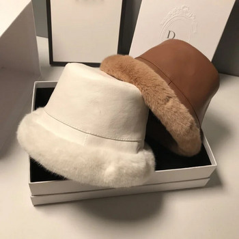 MAXSITI U Winter Fur Bucket Καπέλο για Γυναικεία Μόδα Faux Leather Thickene Λούτρινο Ζεστό καπέλο ψαρά Casual Flat καπέλο λεκάνης