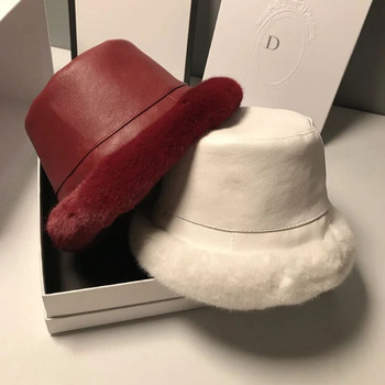 MAXSITI U Winter Fur Bucket Καπέλο για Γυναικεία Μόδα Faux Leather Thickene Λούτρινο Ζεστό καπέλο ψαρά Casual Flat καπέλο λεκάνης