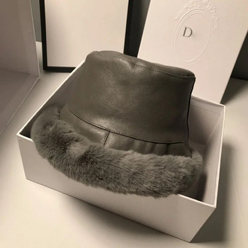 MAXSITI U Winter Fur Bucket Καπέλο για Γυναικεία Μόδα Faux Leather Thickene Λούτρινο Ζεστό καπέλο ψαρά Casual Flat καπέλο λεκάνης