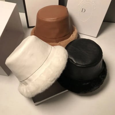 MAXSITI U Winter Fur Bucket Καπέλο για Γυναικεία Μόδα Faux Leather Thickene Λούτρινο Ζεστό καπέλο ψαρά Casual Flat καπέλο λεκάνης