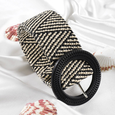 Novi boemski ženski prugasti pleteni remen, ljetni PP slamnati remen, stil za plažu, široki pojas, elastični remen, ženska haljina, ukras, vruće